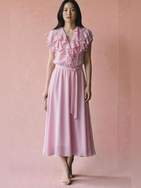 Pink sheer flowy dress, XS-S, Romantic Ruffles, Feminine Whimsy Vintage Vibe